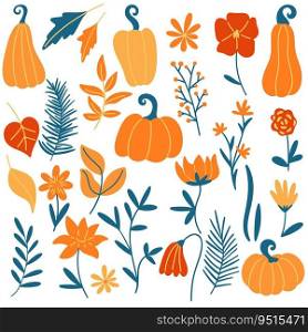 Set of autumn leaves, herbs, flowers and pumpkins. Hand drawn seasonal nature decor for design cards, invitations and banners. Botanical collection, vector illustration. Set of autumn leaves, herbs, flowers and pumpkins