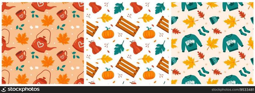 Set of Autumn Season Seamless Pattern Design with Fall Elements in Template Cartoon Illustration