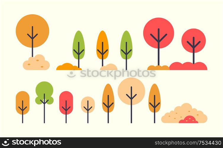 Set of autumn trees icons in flat style. Autumnal plants in abstract design, fall bushes, maple and birch foliage, oak and chestnut samples, vector isolated. Set of Autumn Trees Icons in Flat Style. Autumnal