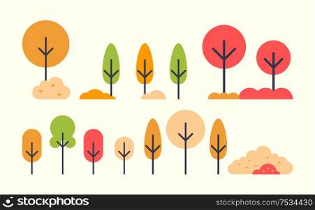 Set of autumn trees icons in flat style. Autumnal plants in abstract design, fall bushes, maple and birch foliage, oak and chestnut samples, vector isolated. Set of Autumn Trees Icons in Flat Style. Autumnal