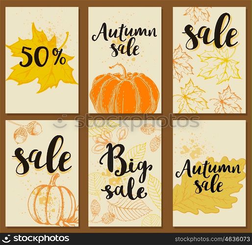 Set of autumn vector cards for seasonal sale. Autumn backgrounds.