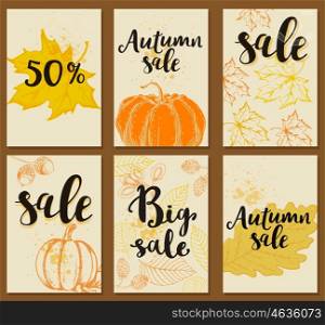 Set of autumn vector cards for seasonal sale. Autumn backgrounds.