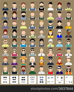 Set of avatars. Flat icons man with removably sunglasses or whiskers. Characters for web
