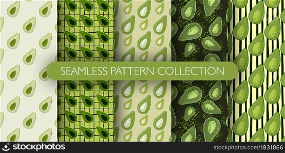 Set of avocado half silhouettes seamless cartoon pattern. Simple fruit print in green palette collection. Perfect for wallpaper, textile, wrapping paper, fabric print. Vector illustration.. Set of avocado half silhouettes seamless cartoon pattern. Simple fruit print in green palette collection.
