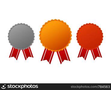 Set of award medals with red ribbon. Gold, silver and bronze. Vector stock illustration