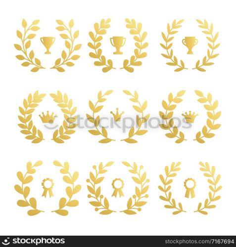 Set of awards cup and crown with laurel branch. Vector golden trophy achievement, cup reward illustration. Set of awards cup and crown with laurel branch
