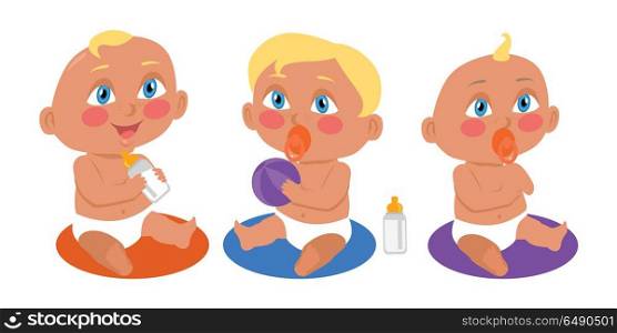 Set of Babies Playing in Flat Style.. Set of babies playing in flat style. New born child. Education of a child during the first year. Parenthood concept. Nursery, education at home. Part of series of lifelong learning. Vector