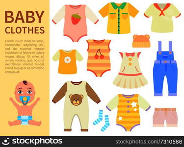 Set of baby clothes with prints isolated on white background, vector illustration with cute child, t-shirts and pants, dress and socks, shorts and hat. Set of Baby Clothes Isolated on White background