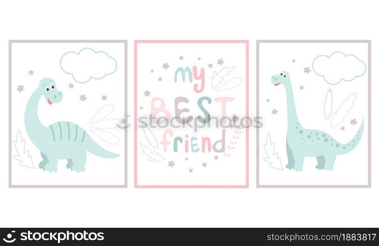 Set of baby dinosaur cards or posters. Collection of cute funny dino, wall decoration. Animal and hand lettering templates, kids room decoration, vector illustration.. Set of baby dinosaur cards or posters.