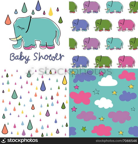 Set of baby shower patterns. Seamless pattern vector. Baby elephant vector set. Graphic design elements
