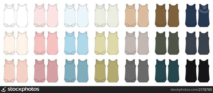 Set of baby sleeveless body. Infant tank top technical sketch collection. Children bodysuit bundle. Underwear outline. Back and front view. Front and back view. CAD fashion design. Vector illustration. Set of baby sleeveless body. Infant tank top technical sketch collection.