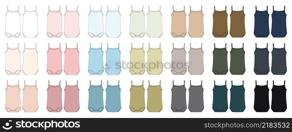 Set of baby sleeveless tank top body technical sketch. Children bodysuit collection. Infant underwear outline. Back and front view. Front and back view. CAD fashion design. Vector illustration. Set of baby sleeveless tank top body technical sketch. Children bodysuit collection. Infant underwear outline.