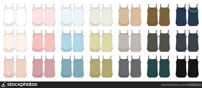 Set of baby sleeveless tank top body technical sketch. Children bodysuit collection. Infant underwear outline. Back and front view. Front and back view. CAD fashion design. Vector illustration. Set of baby sleeveless tank top body technical sketch. Children bodysuit collection. Infant underwear outline.