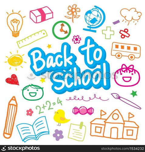 Set of Back to School and Stationery Object Icon Drawing Vector.