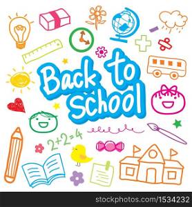 Set of Back to School and Stationery Object Icon Drawing Vector.