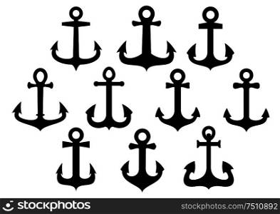 Set of back vintage nautical anchors for heraldry, emblem or tattoo design. Black silhouettes of vintage nautical anchors