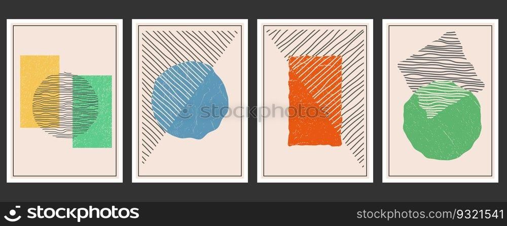 Set of backgrounds for interior design, poster and prints. Minimalistic style of distorted deformed geometric shapes. Abstract composition in flat style