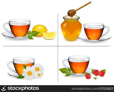 Set of backgrounds with Cups of tea. Vector illustration.