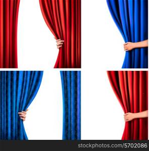 Set of backgrounds with red and blue velvet curtain and hand. Vector illustration.