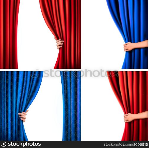 Set of backgrounds with red and blue velvet curtain and hand. Vector illustration.