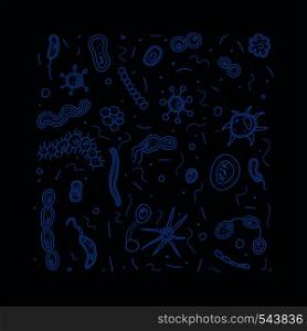 set of bacteria cells. Fluorescent microorganisms collection. Vector doodle style composition.