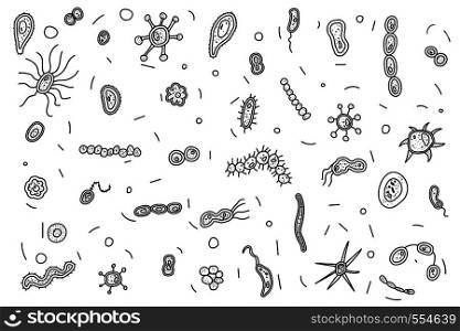 Set of bacteria cells. Microorganism collection sketch. coloring page objects. Vector doodle style composition.