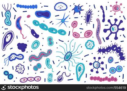 Set of bacterias cells. Microorganism collection flat shapes isolated on white background. Vector illustration.