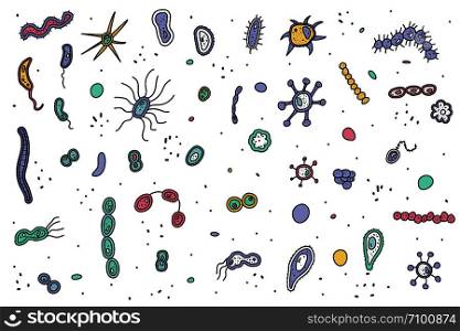 Set of bacterias cells. Microorganism collection isolated on white background. Vector doodle style composition.