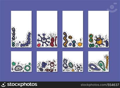 Set of bacterias cells templates for social media. Backgrounds with empty space for text. Story and posts covers for networks. Vector doodle style composition.