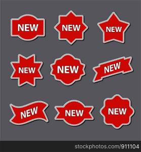set of badges with short message, text space with dash line vector, colorful advertising stickers. advertising stickers