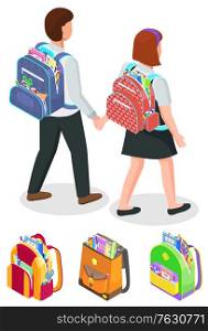Set of bags and pupils vector, isolated boy and girl walking holding hands. Schoolboy and schoolgirl, characters with satchels on shoulders isometric 3d style. Back to school concept. Flat cartoon. Students Holding Hands, Boy and Girl with Bags