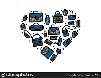 Set of bags in doodle style. Hand drawn woman accessories. Heart badge composition isolated on white background. Vector color illustration.
