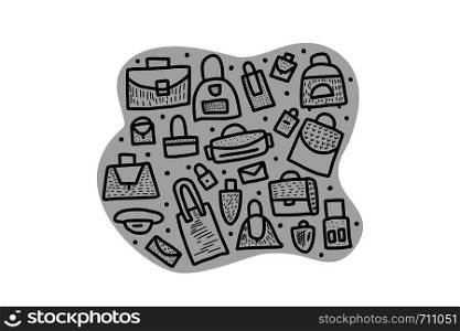 Set of bags in doodle style. Hand drawn woman accessories. Vector illustration.