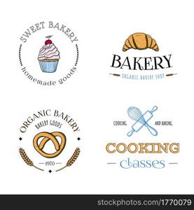 Set of bakery logos, labels, badges or icons. With cupcake, pretzel, croissant, rolling pin, whisk. Engraved style sketch hand drawn vintage vector illustration.. Set of bakery logos, labels, badges or icons. With cupcake, pretzel, croissant, rolling pin, whisk. Hand drawn vintage vector illustration.