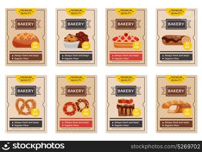 Set Of Bakery Posters. Set of flat retro bakery posters with presentation of different cooking products isolated vector illustration
