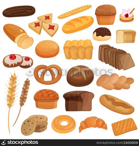 Set of bakery products including wheat and rye bread, spikes, glazed buns, cookies, bagels isolated vector illustration . Bakery Products Set