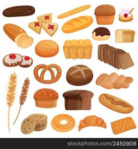 Set of bakery products including wheat and rye bread, spikes, glazed buns, cookies, bagels isolated vector illustration . Bakery Products Set