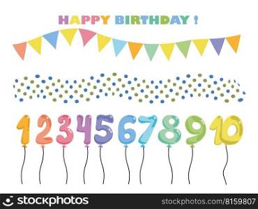Set of balloons and flags, decor for the holiday and birthday Color number balloon from one to ten. Different numeral foil air filled ball vector illustration isolated on white background. Design element for festive party decoration. Set of balloons and flags, decor for the holiday and birthday Color number balloon from one to ten. Different numeral foil air filled ball vector illustration isolated on white background.