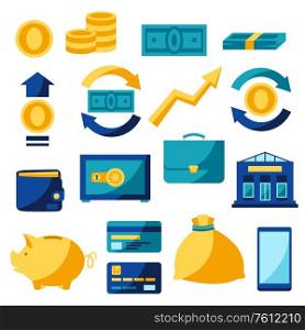 Set of banking and money icons. Business illustration with finance items.. Set of banking and money icons.