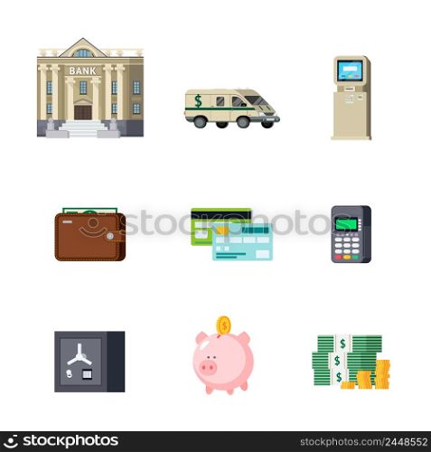 Set of banking orthogonal elements including building and transport savings and cash computer technologies isolated vector illustration. Banking Orthogonal Elements Set