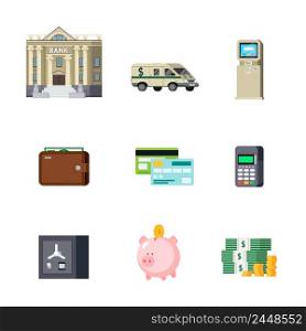 Set of banking orthogonal elements including building and transport savings and cash computer technologies isolated vector illustration. Banking Orthogonal Elements Set