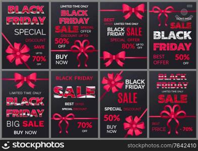 Set of banner for black friday sale announcement. Shopping with discounts and reductions. 50 Percent lowering of cost in shop. Store with big clearance and promotions for loyal clients vector. Black Friday Sale Banners with Ribbon Bows Set