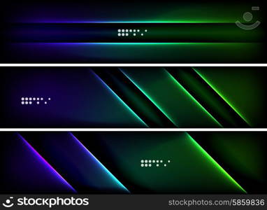 Set of banner, header backgrounds with place for your message. Glowing color neon light lines in dark space. Advertising layouts.