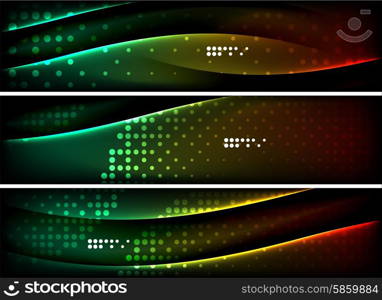 Set of banner, header backgrounds with place for your message. Glowing color neon light lines in dark space. Advertising layouts.