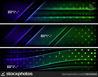 Set of banner, header backgrounds with place for your message. Glowing color neon light lines in dark space. Advertising layouts.