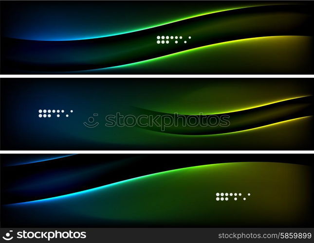 Set of banner, header backgrounds with place for your message. Glowing color neon light lines in dark space. Advertising layouts.