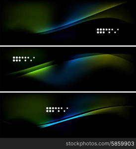 Set of banner, header backgrounds with place for your message. Glowing color neon light lines in dark space. Advertising layouts.