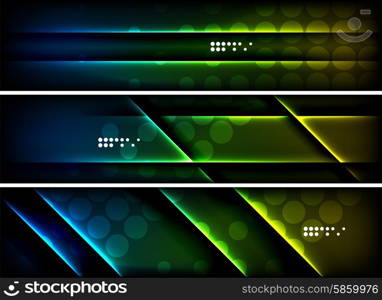 Set of banner, header backgrounds with place for your message. Glowing color neon light lines in dark space. Advertising layouts.