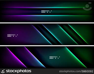 Set of banner, header backgrounds with place for your message. Glowing color neon light lines in dark space. Advertising layouts.