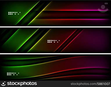 Set of banner, header backgrounds with place for your message. Glowing color neon light lines in dark space. Advertising layouts.